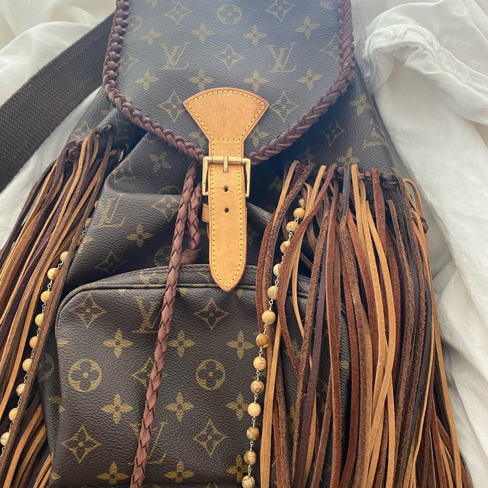 Louis Vuitton Monogram Fringe Backpack with Tan Trim and Brown Braided Details